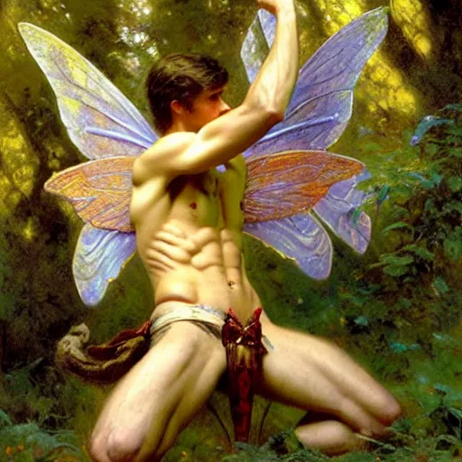 Image similar to attractive male fairy with wings in the forest, posing. highly detailed painting by gaston bussiere, craig mullins, j. c. leyendecker, 8 k