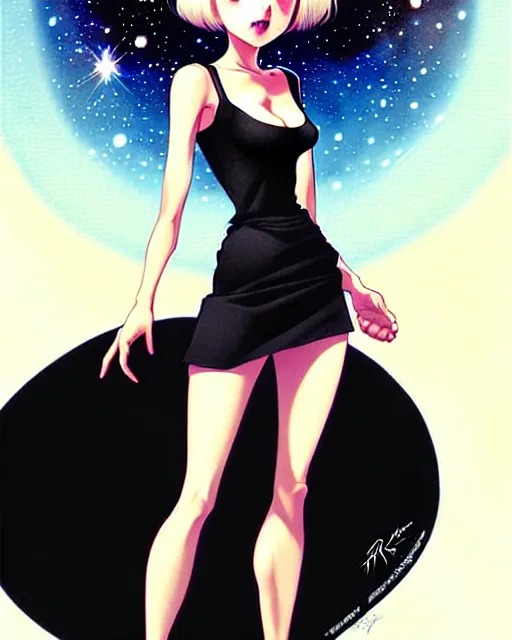 Image similar to portrait of an attractive young woman with amazing short hair wearing a short tight black dress think about the galaxy, art by Range Murata and Artgerm.