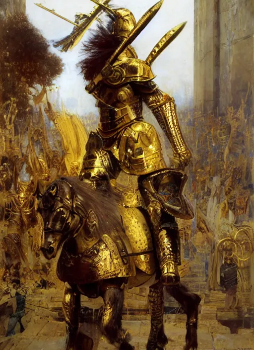 Image similar to a portrait of huge godlike achilles dressed in golden armour standing at the walls of troy, by john berkey and lawrence alma tadema and rick berry and norman rockwel