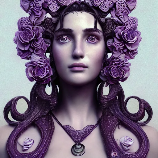 Image similar to Aphrodite Goddess of Love, intricate, portrait, character photography, Incredible purple and black illustration, highly detailed, octane render, 8k, post-processing