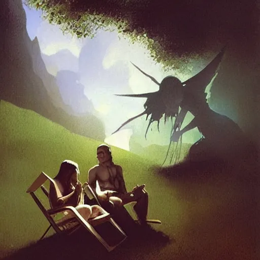 Image similar to an Angel and a demon sitting on lawn chairs having a conversation across from each other in an other wise empty black void. John Harris. Frazetta. Sylvain Sarrailh