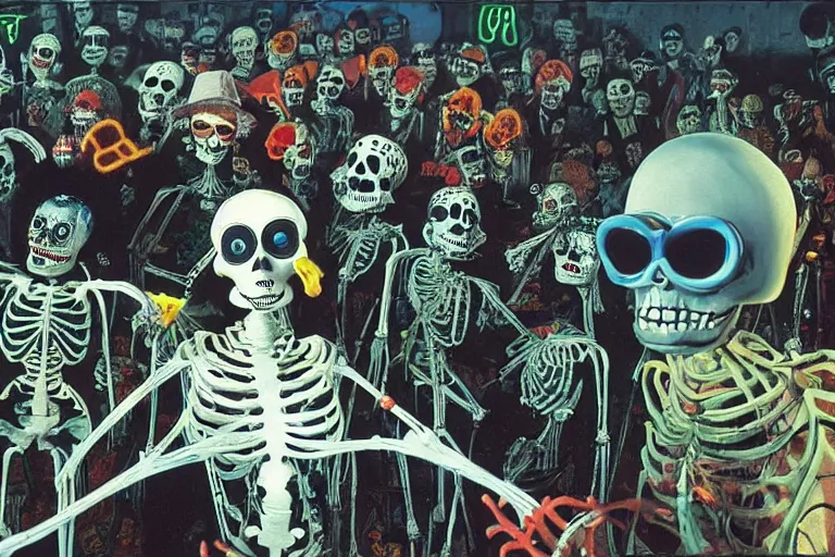 Image similar to scene from fear and loathing in las vegas, day of the dead, cyber skeleton, neon painting by otto dix