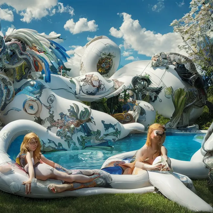 Image similar to minimal modernist jeff koons bauhaus style neverending story inflatable pool floats, ultra realistic, concept art, intricate details, serious, highly detailed, photorealistic, octane render, 8 k, unreal engine, art by todd mcfarlane and artgerm and greg rutkowski and alphonse mucha