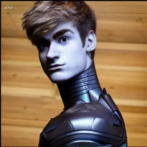 Image similar to “a realistic detailed photo of a guy who is an attractive humanoid who is half robot and half humanoid, who is a male android, twitch streamer Ninja Tyler Blevins, shiny skin, posing like a statue, blank stare”