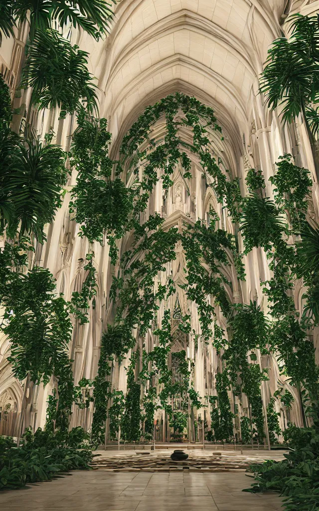 Prompt: beautiful grand cathedral interior with!! koi pond!! in the! middle! surrounded by palm trees, ivy, flowers!!, tropical plants, roses!!, and with archways, rendered in octane render with photorealistic volumetric cinematic lighting, wide angle, horizontal symmetry, 8 k