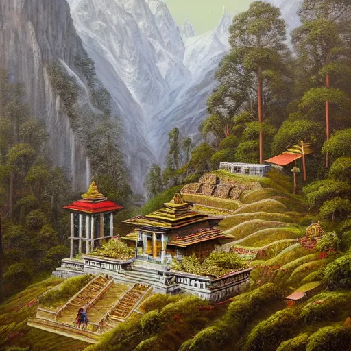 Prompt: a beautiful and highly detailed oil painting of an nepali temple in the snowy mountains, detailed trees and cliffs, forgotten valley, swirling mist, lush forests, intricate details, epic scale, insanely complex, 8 k, sharp focus, hyper realism, fantasy landscape, psychedelic, by caspar friedrich,