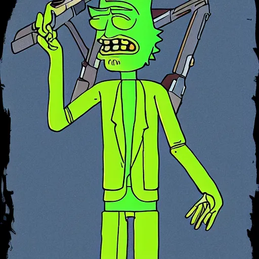 Image similar to portrait of alien rick holding a cybernetic rifle, rick and morty forever and forever a hundred years! g