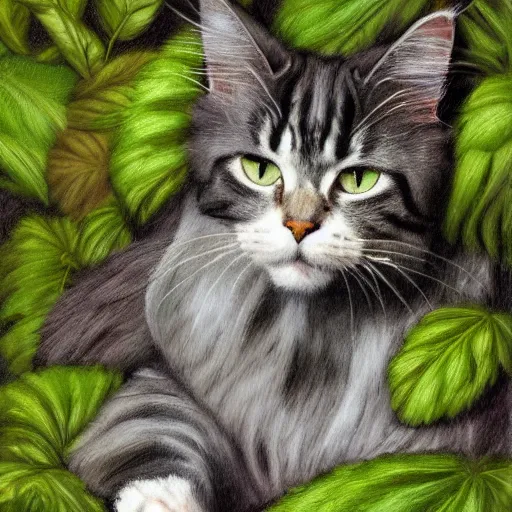 Prompt: a maincoon cat among big green leaves, digital painting, very detailed, in the style of mantegna