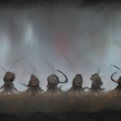 Prompt: a row of soldiers in the mist, dense fog ashigaru aztec mice with feather plumes, dramatic cinematic lighting, menacing, detailed concept painting trending on art station, by brian froud, by deak ferrand, grey, blue, orange-red