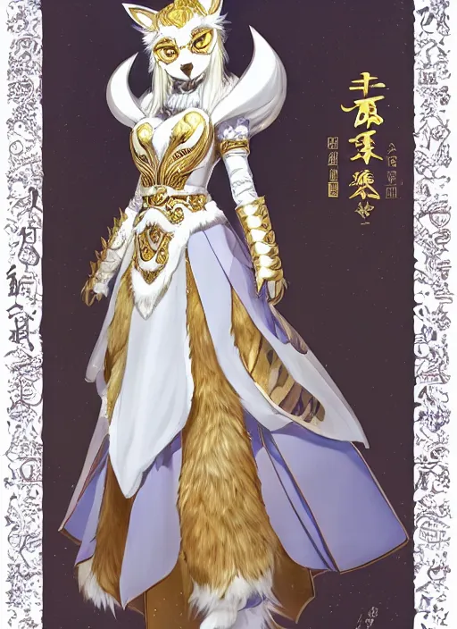 Prompt: commissioned full body furry portrait of a female anthro wolf-headed princess fursona with white hair wearing a white and gold chinese armored dress in a white and gold palace, by a professional manga illustrator, Stanley Artgerm Lau, WLOP, Rossdraws, James Jean, Andrei Riabovitchev, Marc Simonetti, and Sakimichan, trending on artstation