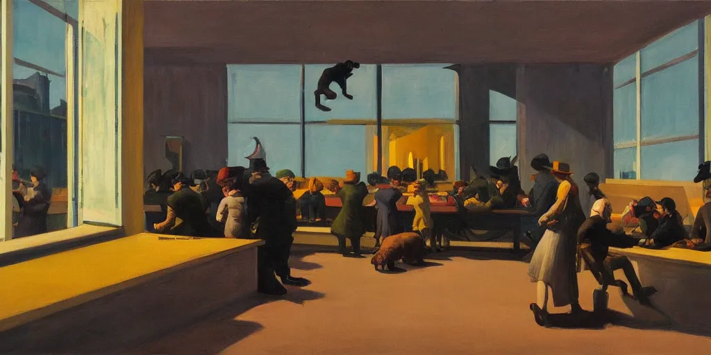 Image similar to painting, view from inside edward hopper's painting nighthawks, of a group of werebears inside a gallery, by magrirre, by neo rauch