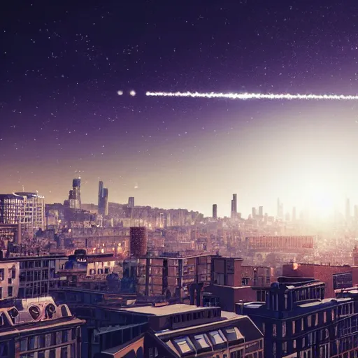 Prompt: a meteor falling from the sky over a cityscape. hyperrealistic, highly detailed, variable lighting