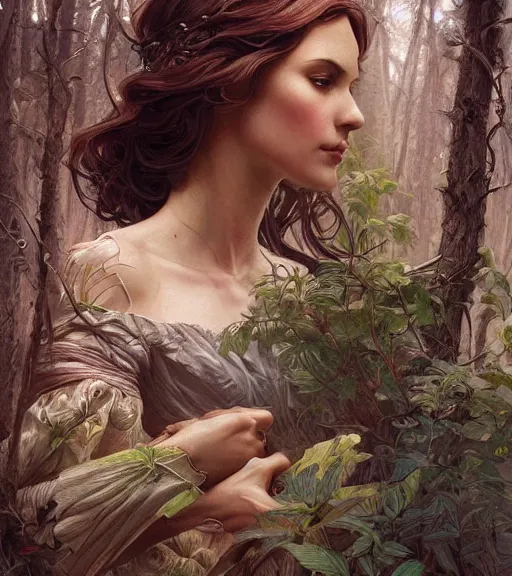 Image similar to beautiful cottagecore woman, intricate, magical forest, stunning, highly detailed, digital painting, artstation, concept art, smooth, sharp, focus, illustration, art by artgerm and greg rutkowski and alphonse mucha