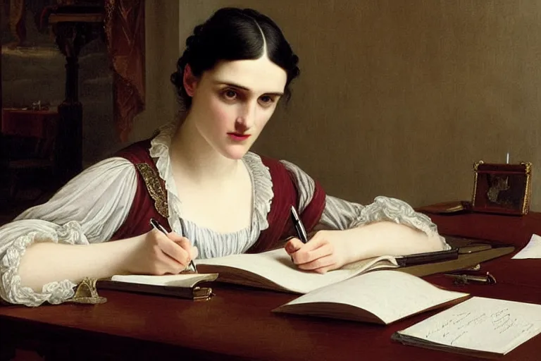 Image similar to 1 8 1 0 s katie mcgrath writing at her desk by vittorio reggianini, bright lighting, perfectly detailed eyes, beautiful hands, pale skin, clear face