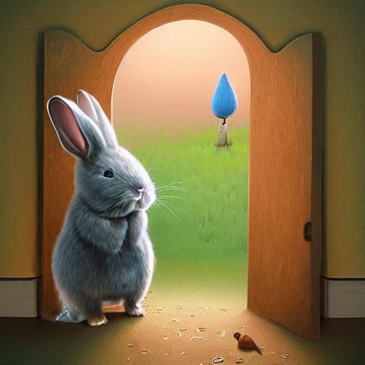 Prompt: cute rabbit hides behind the door, illustration by gediminas pranckevicius