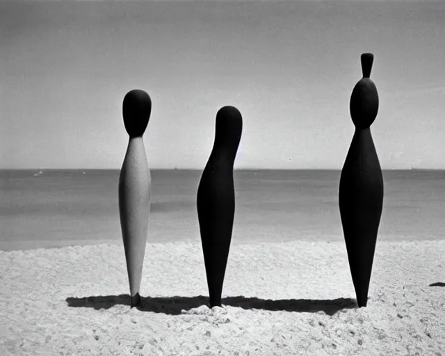 Image similar to a group of people standing on top of a sandy beach, a surrealist sculpture by Oskar Schlemmer, tumblr, surrealism, surrealist, grotesque, 1970s