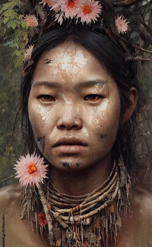 Prompt: detailed portrait of a tribal woman with asian eyes and thick lip forest girl, flowers and trees, by ismail inceoglu dragan bibin hans thoma greg rutkowski alexandros pyromallis nekro rene maritte illustrated, perfect face, fine details, realistic shaded, fine - face, pretty face