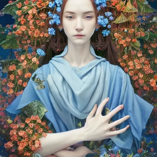 Image similar to breathtaking detailed concept art painting of the goddess of nemophila flowers, orthodox saint, with anxious, piercing eyes, ornate background, amalgamation of leaves and flowers, by Hsiao-Ron Cheng, James jean, Miho Hirano, Hayao Miyazaki, extremely moody lighting, 8K