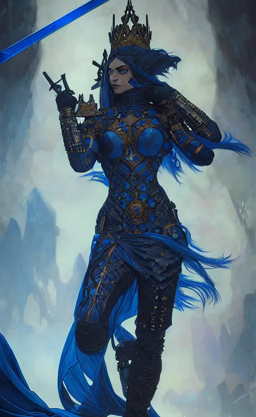 Image similar to Gothic muscular warrior queen in blue and black mythical heavy armor, fantasy, highly detailed, digital painting, artstation, concept art, smooth, sharp focus, illustration, art by artgerm and greg rutkowski and alphonse mucha