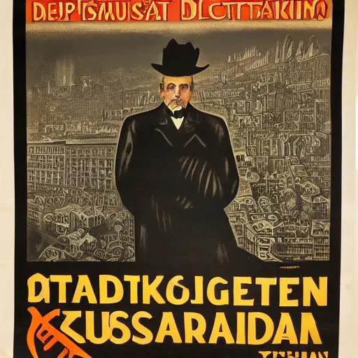 Image similar to 1 9 0 8 capitalism propaganda poster, black and white engraving on antique yellowed paper, with red ink used for emphasis, eastern european look, serious face of leader in the middle of poster, with intricate imagery of buildings and factories and laborers in the background