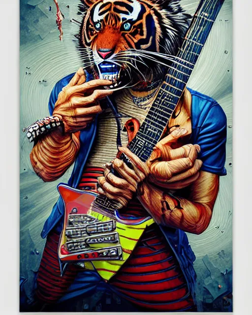 Image similar to a portrait of an anthropomorphic cyberpunk roaring tiger shredding an electric guitar as the guitar melts by sandra chevrier, by jon foster, detailed render, tape deck, epic composition, cybernetics, 4 k realistic, cryengine, realistic shaded lighting, sharp focus, masterpiece, by enki bilal