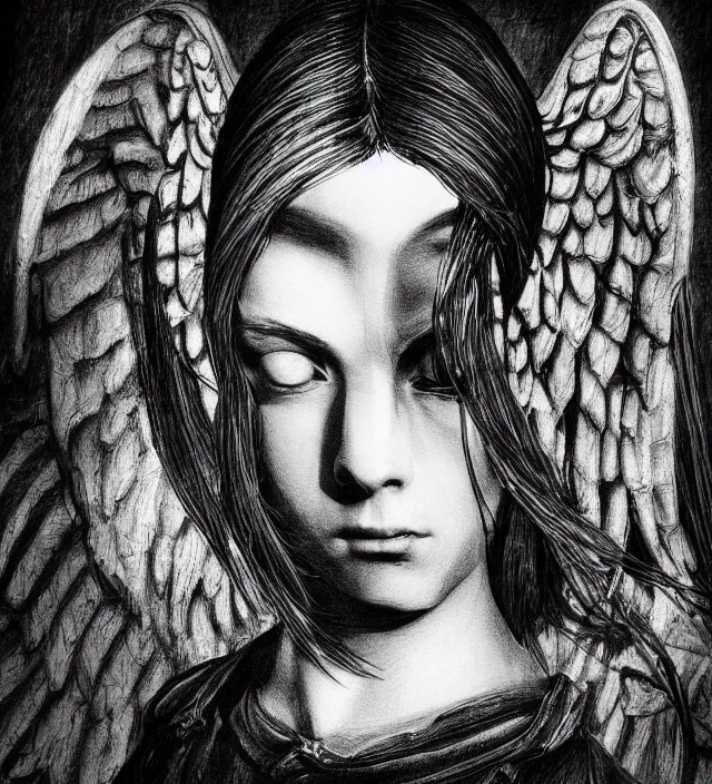 Prompt: davinci biblical alchemy art brush ink 3 d drawing of a beautiful angel girl epic photorealistic portrait in squareenix miura kentaro sorayama technoir noir style detailed trending award winning