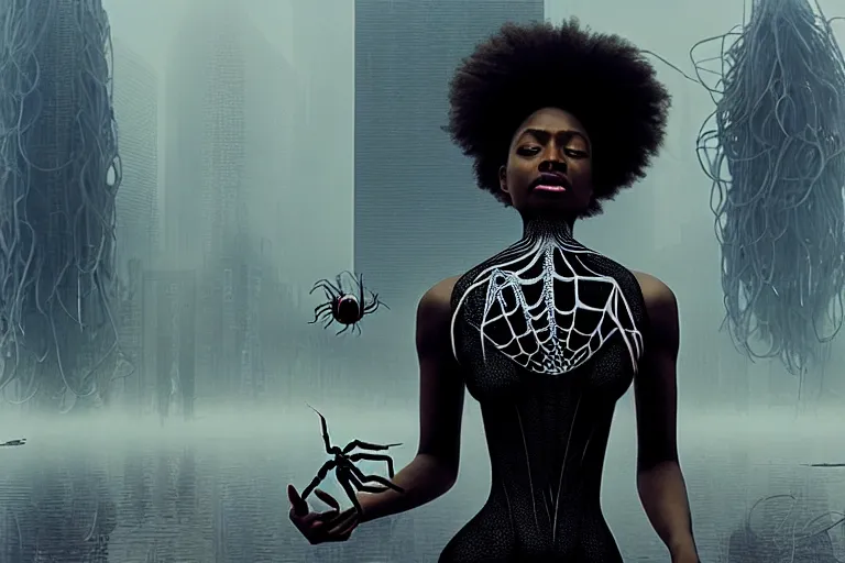 Prompt: realistic detailed photorealistic portrait movie shot of a beautiful black woman with a giant spider, dystopian city landscape background by denis villeneuve, amano, yves tanguy, alphonse mucha, ernst haeckel, david lynch, edward robert hughes, roger dean, cyber necklace, rich moody colours, wide angle