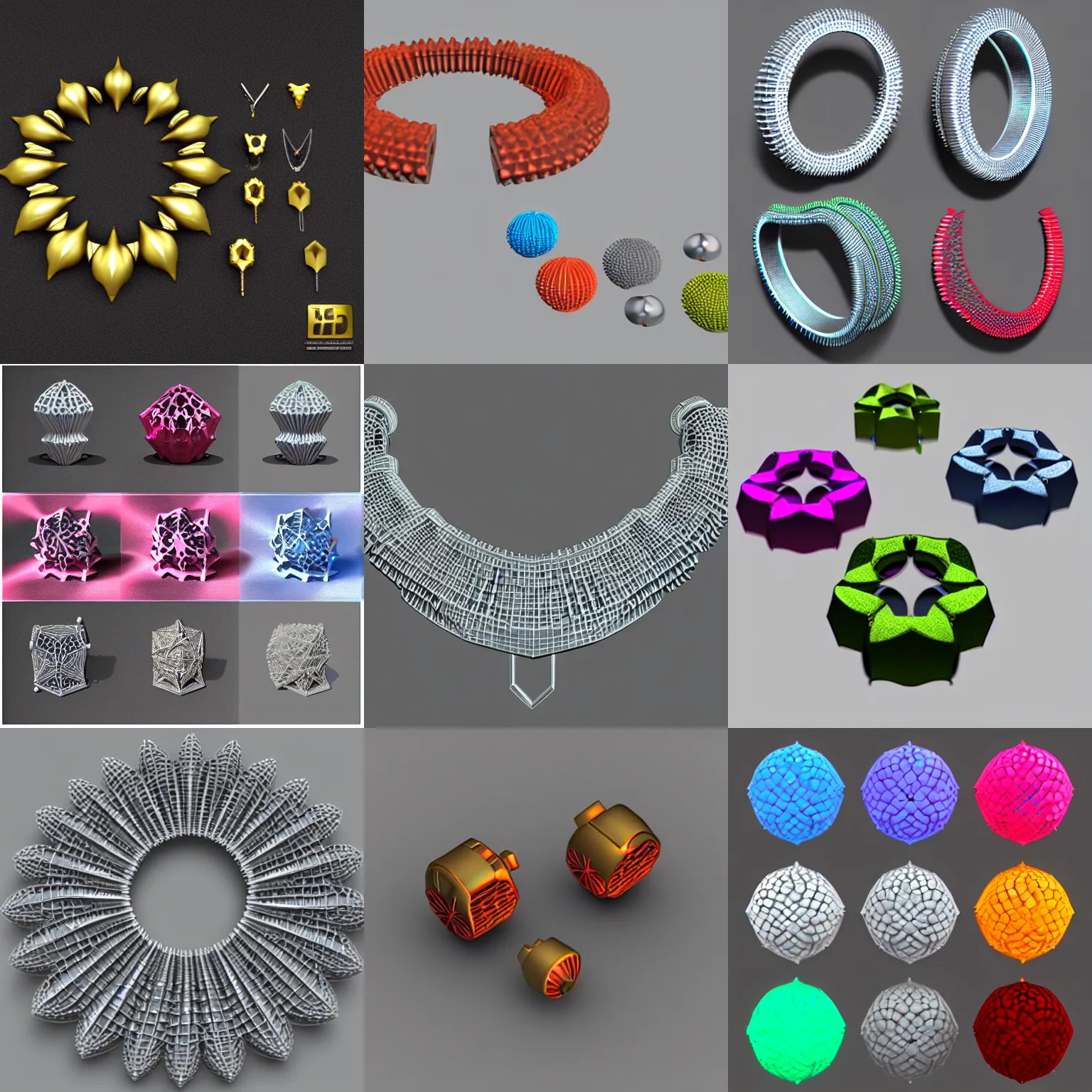 Prompt: laser sintered jewels 3 d printing jewels polyamide, render, keyshot, vray, colored