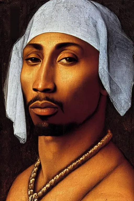 Prompt: A Renaissance portrait painting of Tupac Shakur by Giovanni Bellini and Leonardo da Vinci