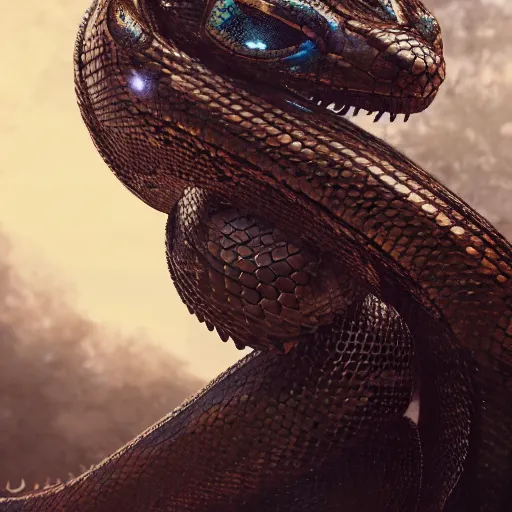 Image similar to giant cyborg snake on a dusky land, art by artgerm and greg rutkowski, cinematic shot, intricate, ornate, photorealistic, ultra detailed, trending artstaition, realistic, 1 0 0 mm, photography, octane, high definition, depth of field, bokeh, 8 k