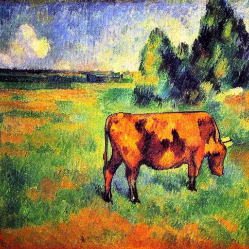Prompt: a cow is running in the cloud, post - impressionism, cezanne, gaugin, van gogh, seurat, mid shot ， - h 1 0 2 4