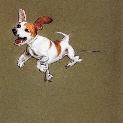 Image similar to portrait of a happy smiling jack russel terrier jumping, closeup, illustrated by peggy fortnum and beatrix potter and sir john tenniel