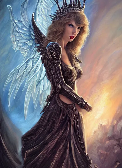 Image similar to Taylor swift demon queen, black armor, wings, Ivan Aivakovsky, Boris Vallejo, epic fantasy character art, D&D Concept Art, full length, Realistic, Regal, Refined, Detailed Digital Art, Oil Paining, Exquisite detail, post-processing, masterpiece, Cinematic Lighting, Unreal Engine, 8k, HD, Stanley Artgerm Lau, WLOP, Rossdraws, Frank Frazetta, Andrei Riabovitchev, Marc Simonetti, trending on artstation