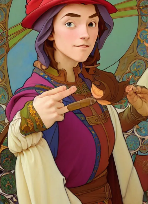 Prompt: regal medieval artist wearing colourful hat, holding a paint palette, natural lighting, path traced, highly detailed, high quality, digital painting, by don bluth and ross tran and studio ghibli and alphonse mucha, artgerm