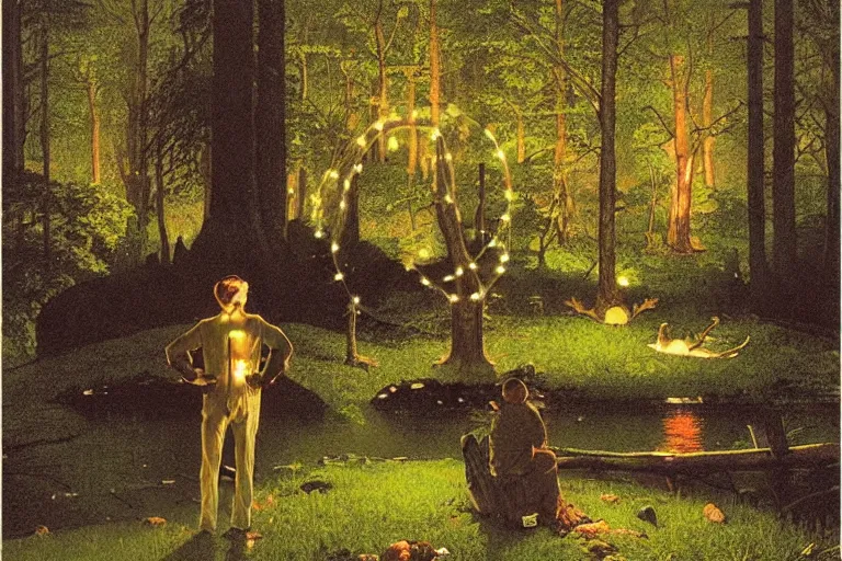 Prompt: a scenic view of a ethereal man in the middle of a magical forest with glow-worm lights near a lake, detailed, cinematic, dramatic scene, retro illustration by Norman Rockwell.