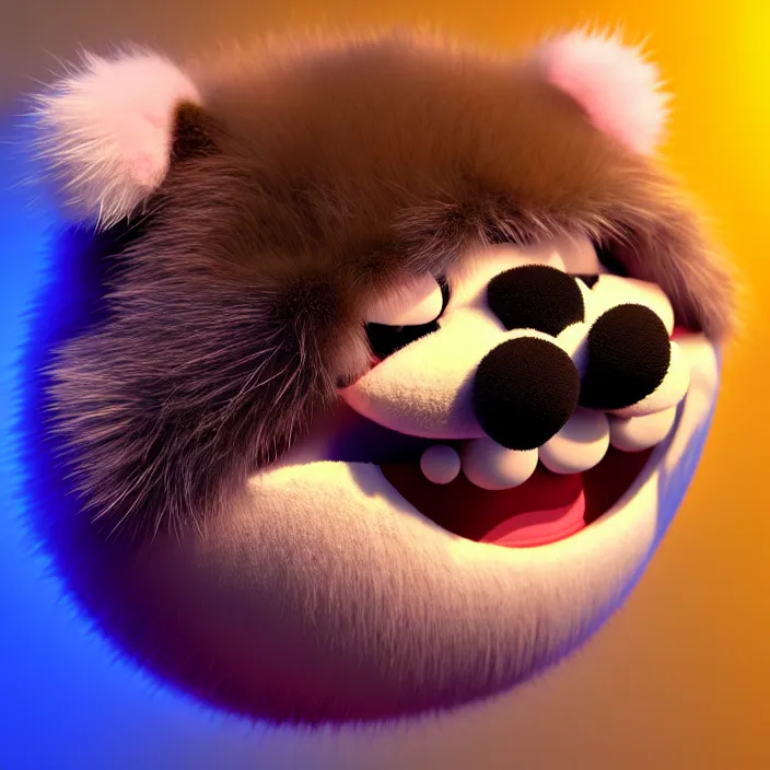 Image similar to high quality 3 d render hyperrealistic very cute big spherical smile emoticon, whiskers, plush mascot, short spiky colorful dense fluffy smooth fur 1 cm long, psychedelic lighting, 1 5 0 mm, smooth background, artstation, elegant, ultra detailed, octane render