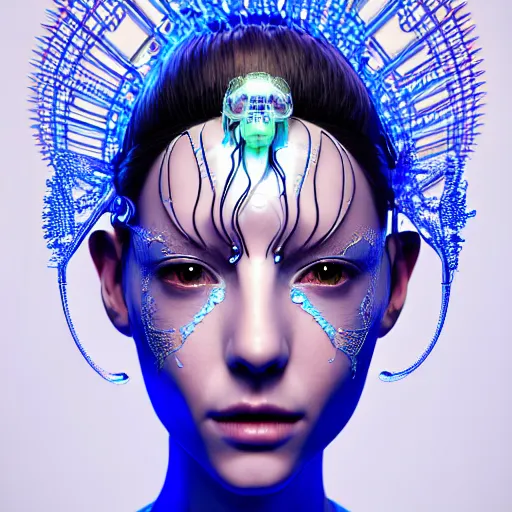 Prompt: portrait of an absurdly beautiful, graceful, sophisticated, fashionable cyberpunk mechanoid gravure idol, hyperdetailed illustration by irakli nadar, matt wisniewski style, intricate linework, white porcelain skin, iridescent fractal headdress, day - glow facepaint, jellyfish ruff, unreal engine 5 highly rendered, global illumination, blue light, detailed and intricate environment