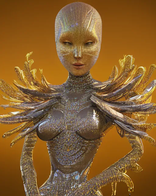 Image similar to a highly detailed metahuman 4 k close up render of an alien goddess bella hadid as alien in iris van herpen dress schiaparelli in diamonds crystals swarovski and jewelry in style of alphonse mucha gustav klimt trending on artstation made in unreal engine 4