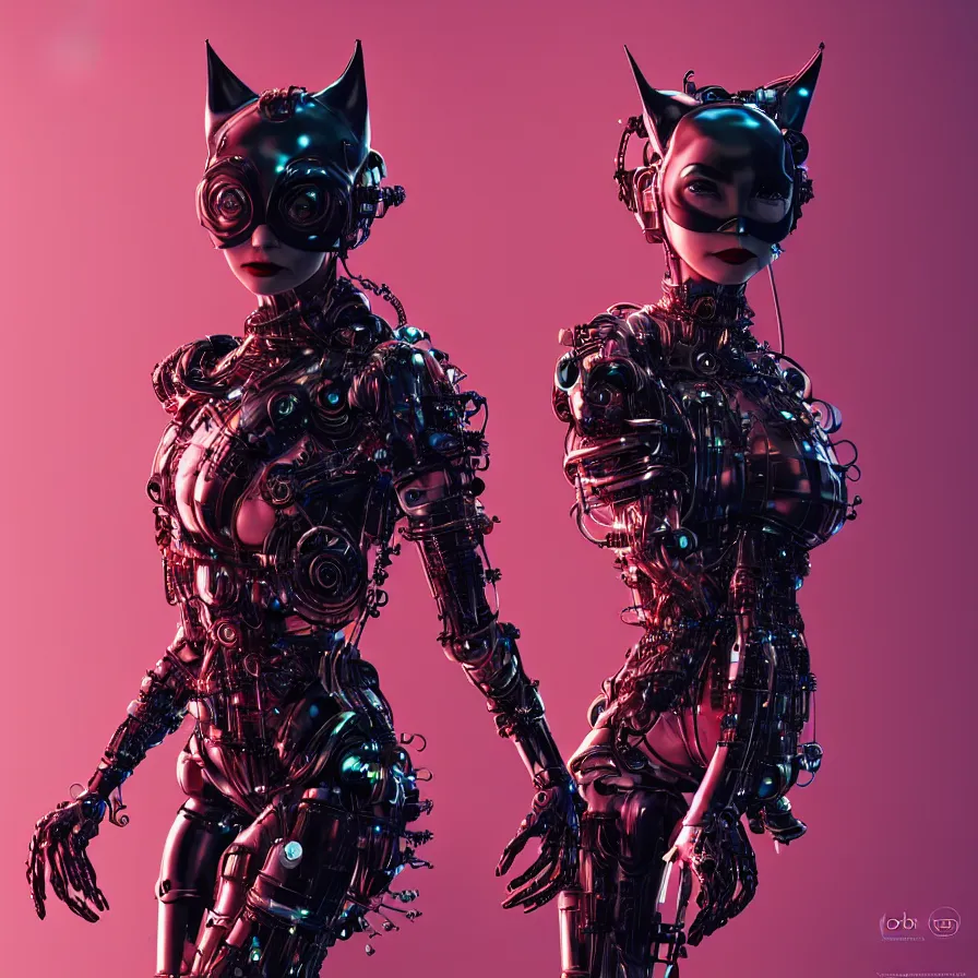 Image similar to bjork in form of catwoman, vogue, red biomechanical, inflateble shapes, wearing epic bionic cyborg implants, masterpiece, intricate, biopunk futuristic wardrobe, highly detailed, artstation, concept art, background galaxy, cyberpunk, octane render