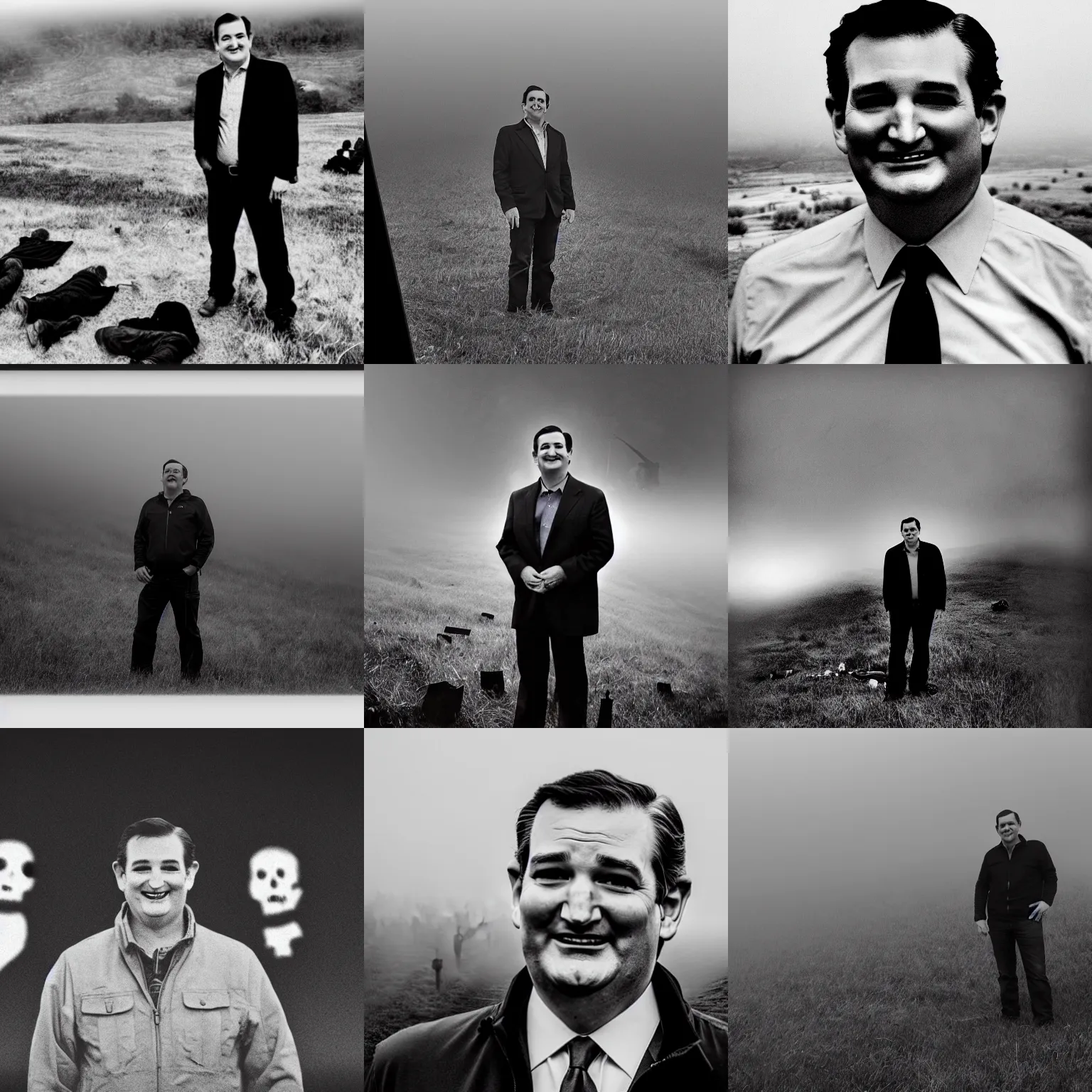 Prompt: Ted Cruz with a wide grin standing on a hill with a dead bodies in the background, police sketch, black and white, creepy lighting, foggy atmosphere, scary, horror, ornate, eerie, fear