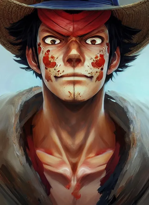 Image similar to a professional digital art of luffy, symmetrical facial features, intricate, concept art, sharp detail, smooth render, art style by Ruan Jia and Mandy Jurgens and Ian Spriggs and William-Adolphe Bouguerea