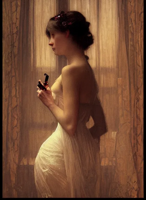 Prompt: a romantic photo of a woman in a dark room wearing lace smoking a cigarette advertisement photography by mucha, nick alm, norman rockwell, greg rutkowski, greg manchess, fashion model, candlelight, pagan, extremely coherent, sharp focus, elegant, sharp features, render, octane, detailed, award winning photography, masterpiece, rim lit