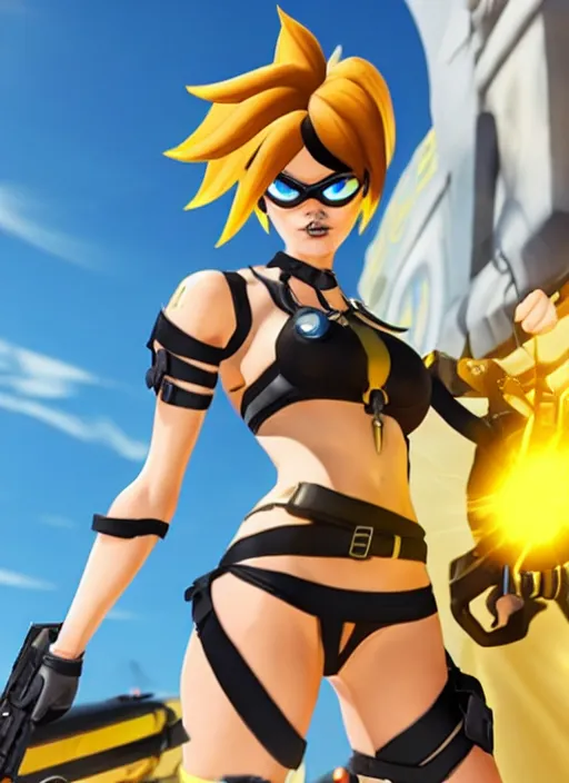 Image similar to tracer game character, in yellow bikini, blonde hair, black eyes, full height