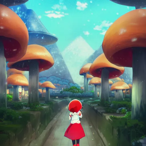 Image similar to beautiful anime girl walking in rainy mushroom village at night, super mario style, red and white spotted mushroom houses, geometric mountains in distance, landscape, anime key visual, digital art, anime screenshot, kyoto animation, makoto shinkai, trending on artstation