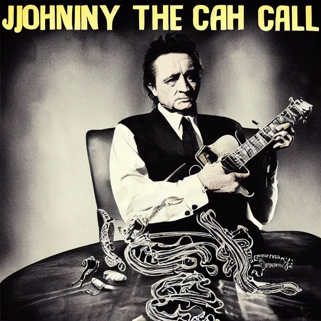 Prompt: album cover for Johnny Cash: The Snake Oil Tapes, album art by Robby Müller, snake oil album, snakes, quack medicine, no text, sometimes there's a dream