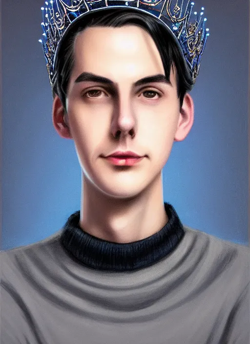 Image similar to portrait of teenage jughead jones wearing a light grey crown, crown, blue turtleneck, 1 9 5 0 s, closed eyes, photorealistic, black hair, glowing lighting, intricate, elegant, glowing lights, highly detailed, digital painting, artstation, concept art, smooth, sharp focus, illustration, art by wlop, mars ravelo and greg rutkowski