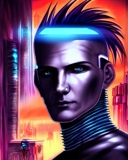 Prompt: cyberpunk man with mohawk portrait, detailed face and eyes, cyberpunk city background, cosmic, anne stokes