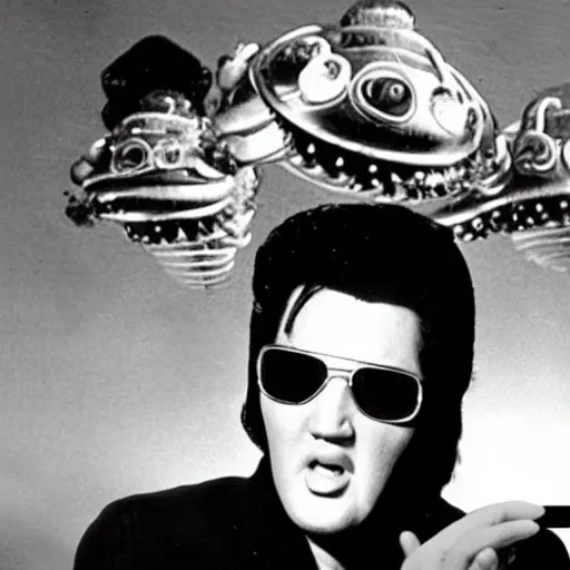 Image similar to photograph of elvis meeting octopus aliens from another world, in alien spaceship