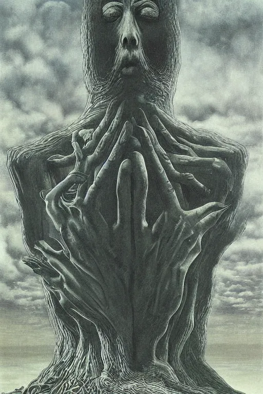 Image similar to ghibli world high contrast shiny god painting by zdzisław beksinski