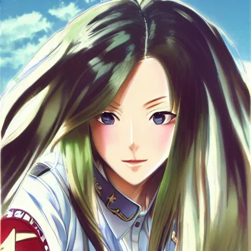 Image similar to airforce pilot girl, trading card front, anime style, long hair, hair down, symmetrical facial features, green eyes, from girls frontline, hyper realistic, pale skin, 4k, rule of thirds, extreme detail, detailed drawing, trending artstation, hd, fantasy, D&D, realistic lighting, by Alphonse Mucha, Greg Rutkowski, sharp focus, backlit, full soldier clothing